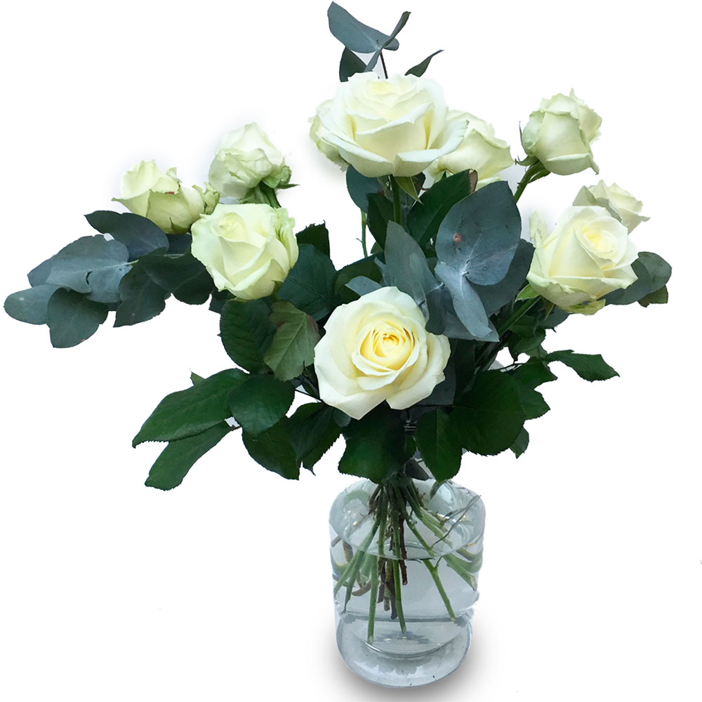 Bouquet roses blanches eucalyptus